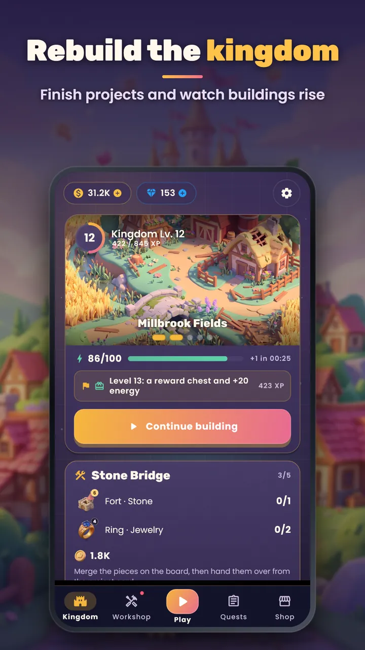 The kingdom home screen at level 12, showing Millbrook Fields under repair, the energy bar and the Stone Bridge project
