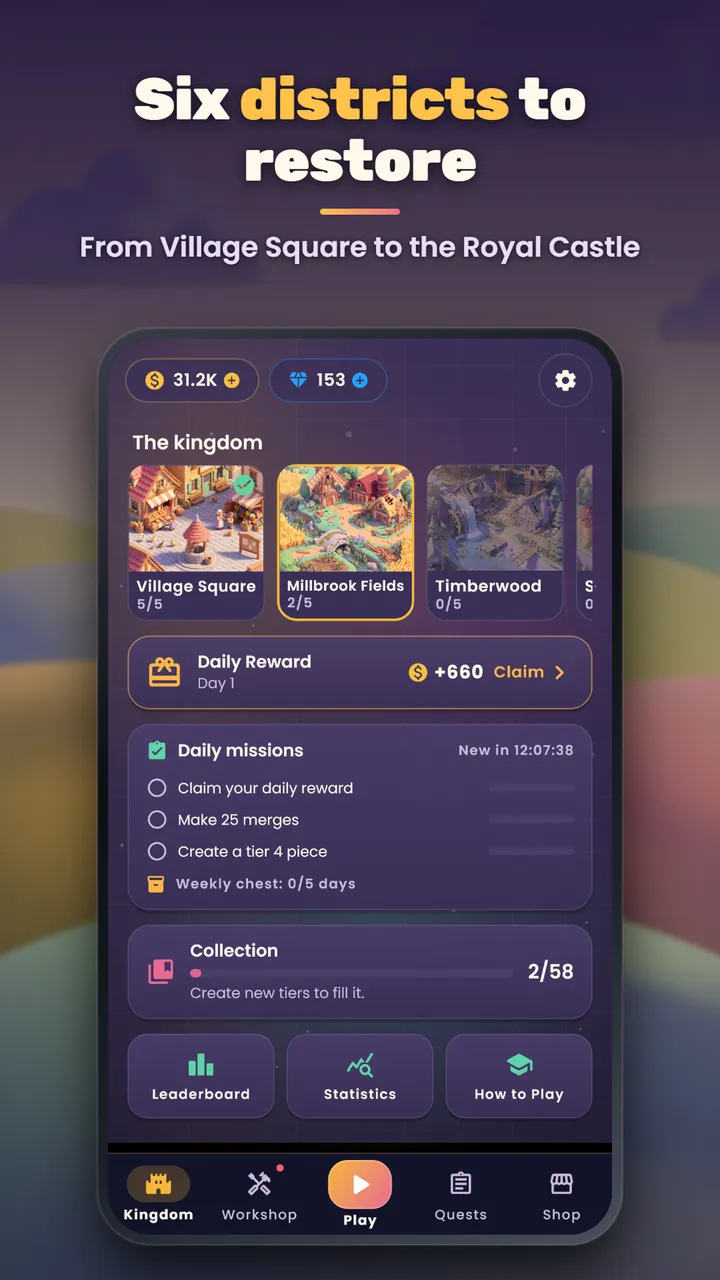 The kingdom overview with Village Square finished, Millbrook Fields and Timberwood in progress, a daily reward and three daily missions