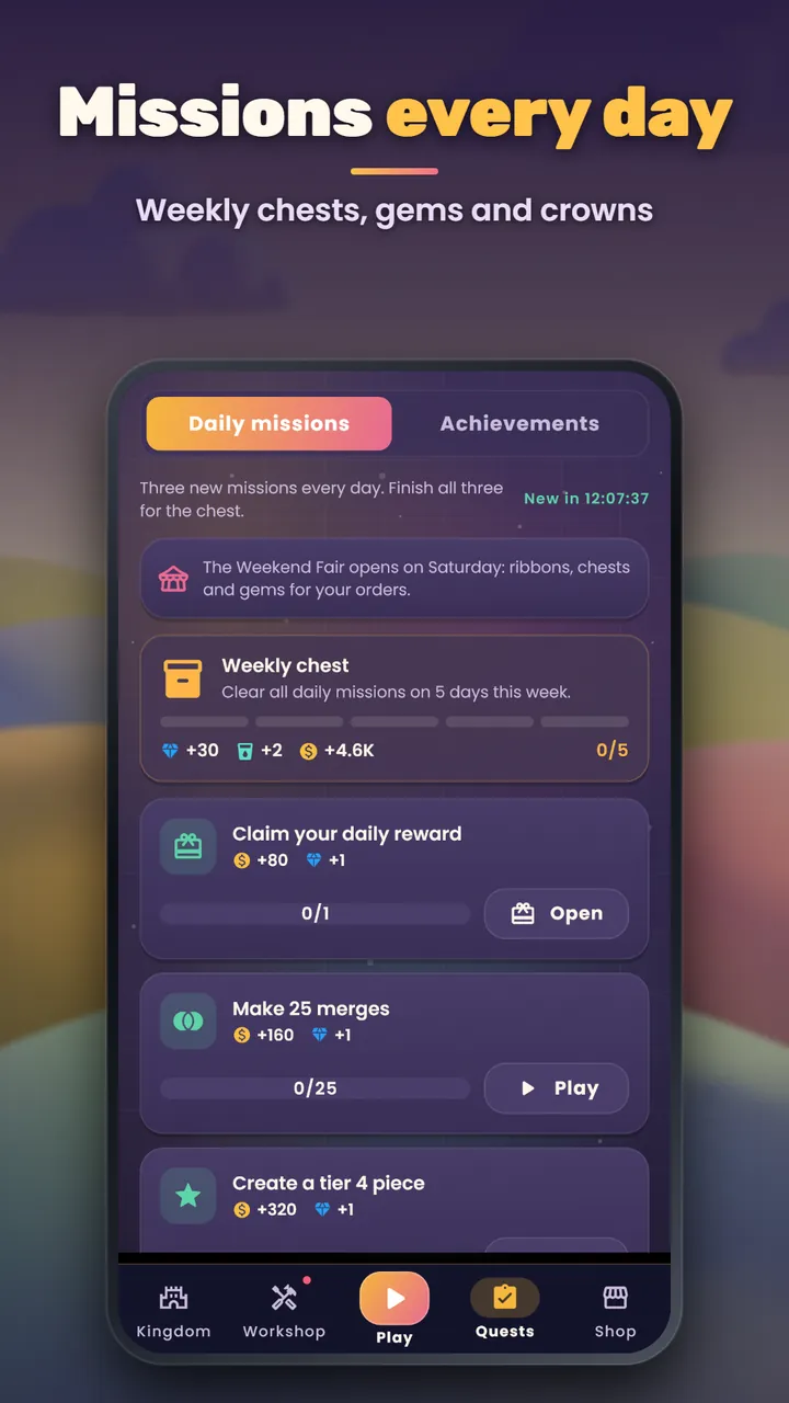 The daily missions list with a weekly chest and a note that the Weekend Fair opens on Saturday