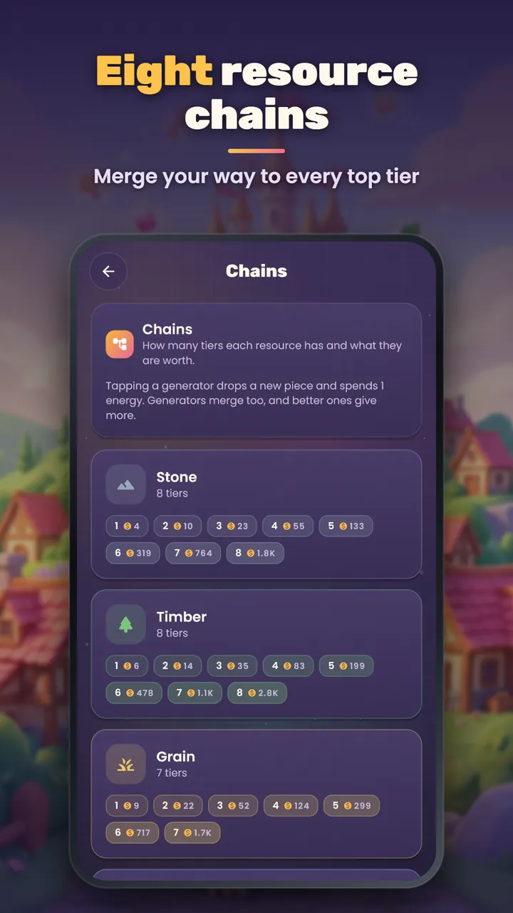 The Chains screen listing how many tiers Stone, Timber and Grain have and what each tier is worth
