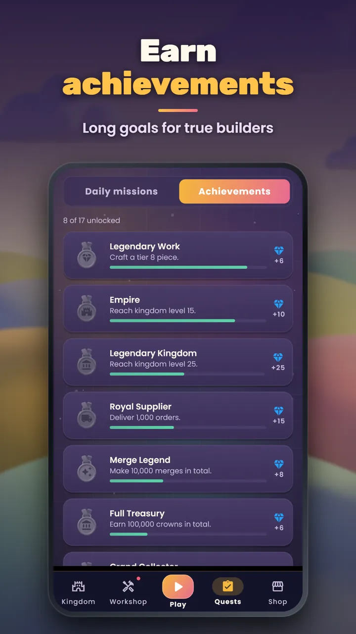 Achievements such as Legendary Work, Empire and Merge Legend with progress bars and gem rewards