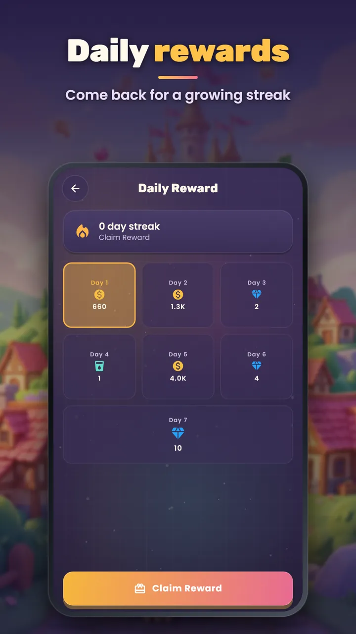 A seven-day daily reward calendar with coins and gems and a Claim Reward button