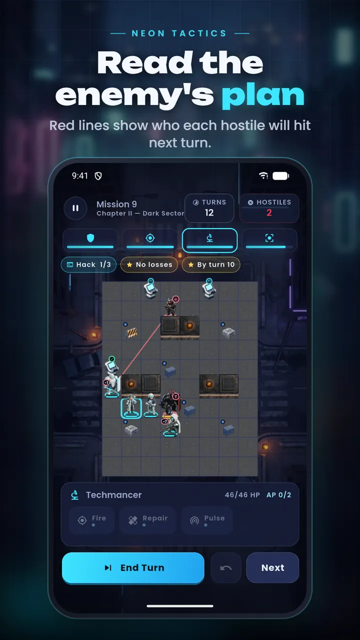 Mission 9 in Chapter II, Dark Sector: a grid battlefield where a red line shows which unit a hostile will target next turn, with the Techmancer selected