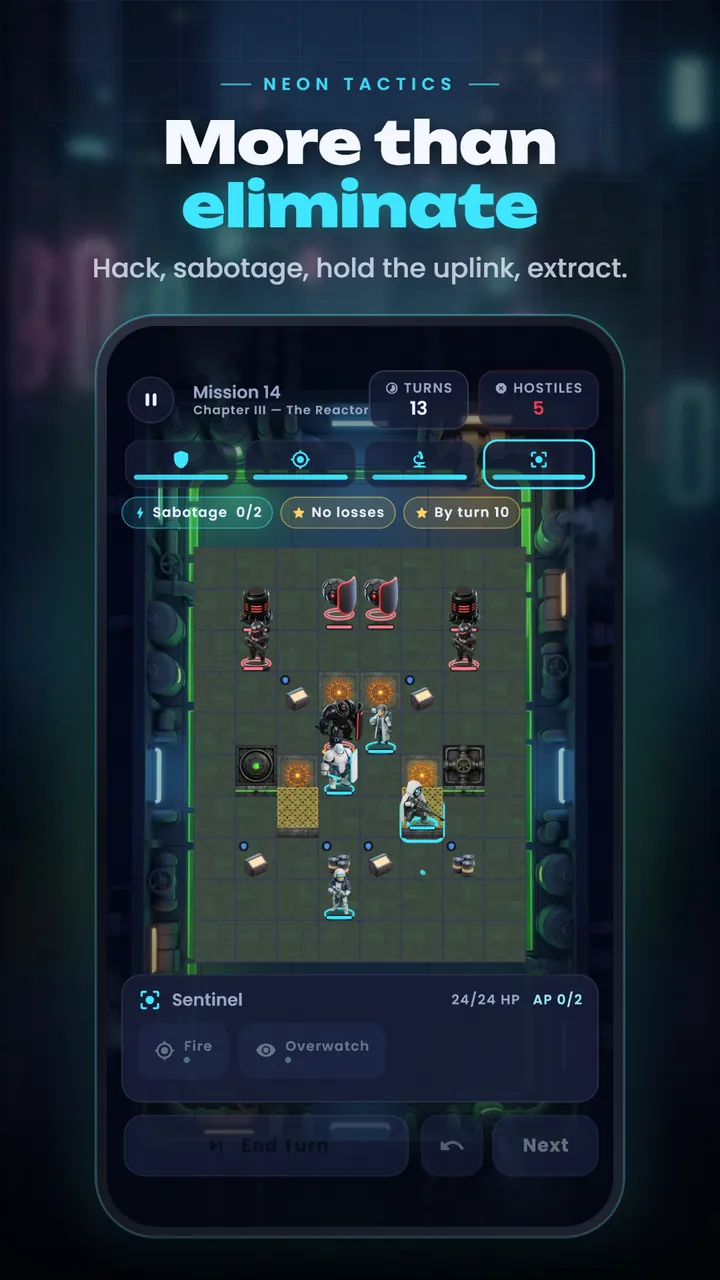 Mission 14 in Chapter III, The Reactor, with a sabotage objective, shielded hostiles and the Sentinel's Fire and Overwatch actions