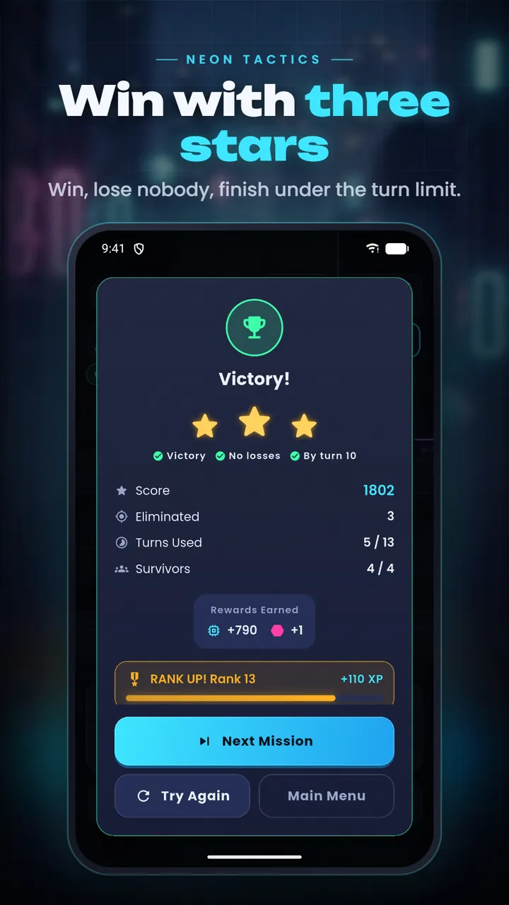 A victory screen with three stars for winning, losing nobody and finishing by turn 10, plus the score and rewards