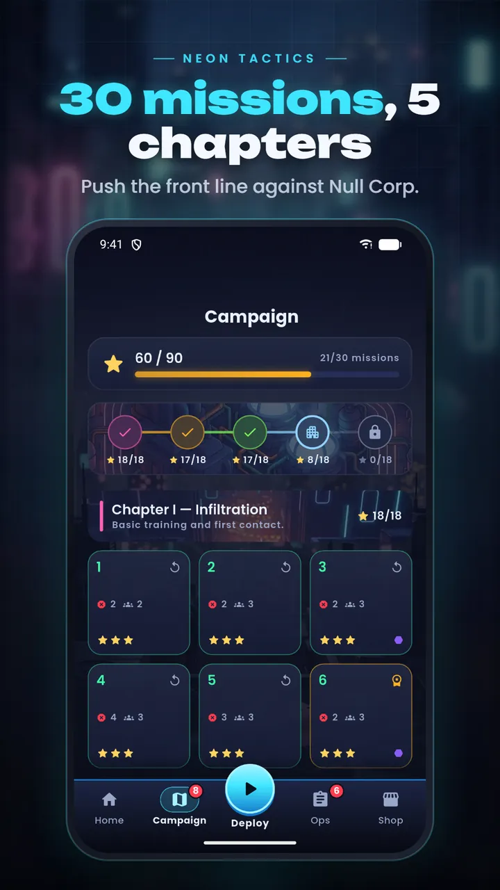 The campaign screen with five chapters, 60 of 90 stars and the first six missions of Chapter I, Infiltration