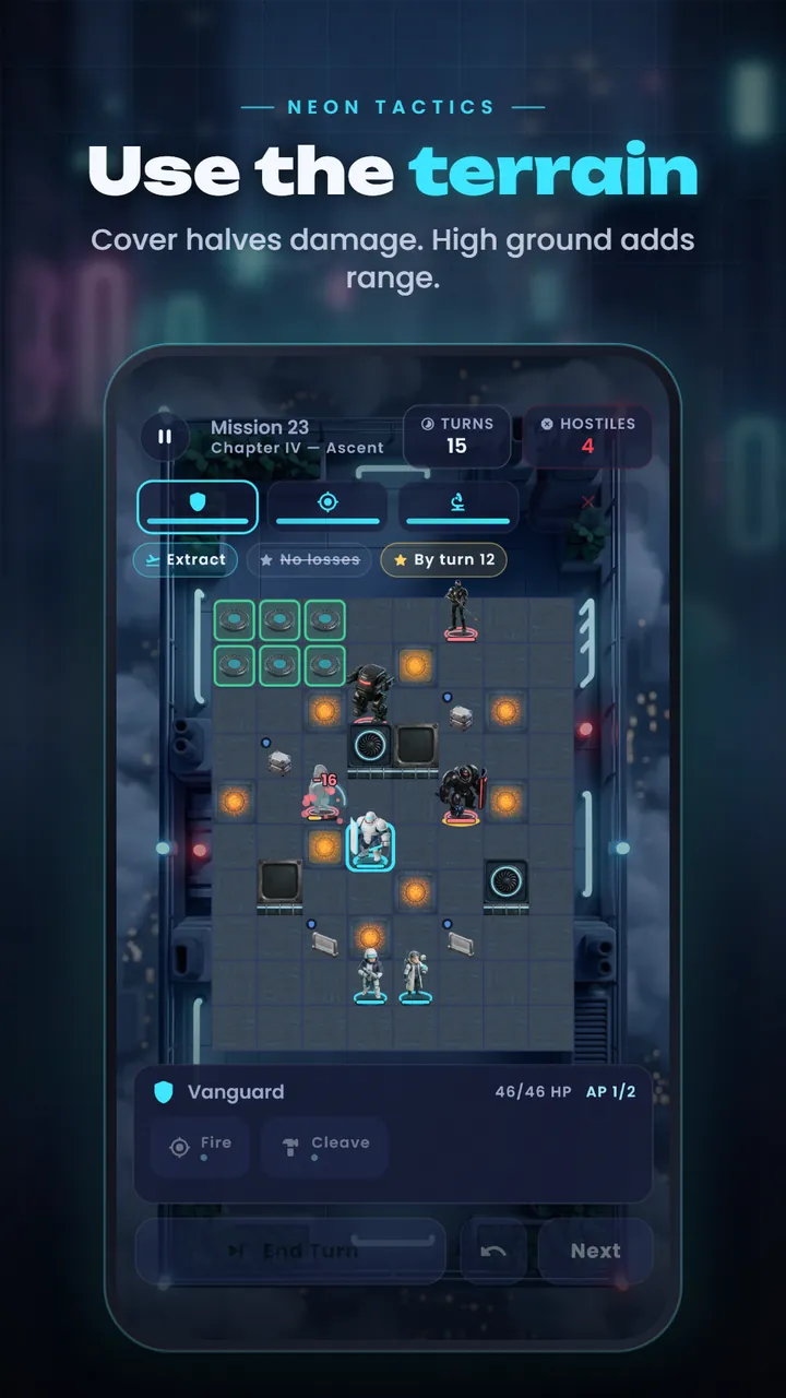 Mission 23 with an extraction objective, cover and hazard tiles on the grid and the Vanguard's Fire and Cleave actions