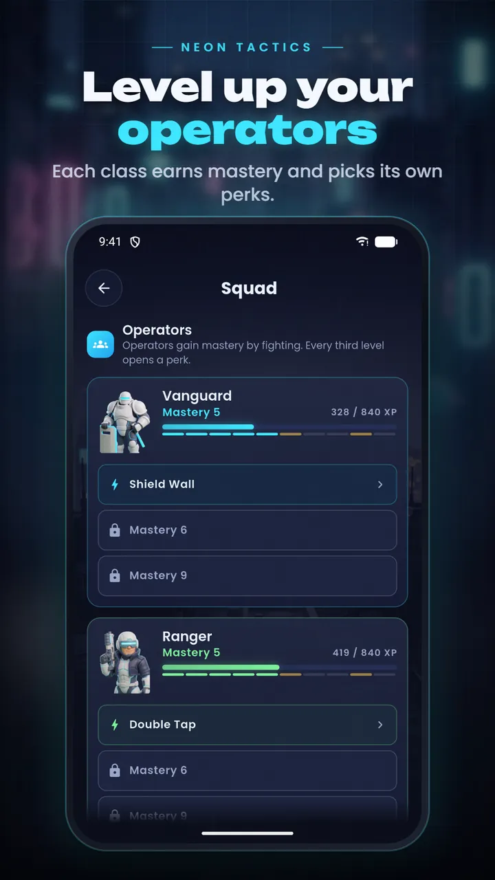 The Squad screen showing the Vanguard and Ranger operators at mastery 5 with their first perks unlocked