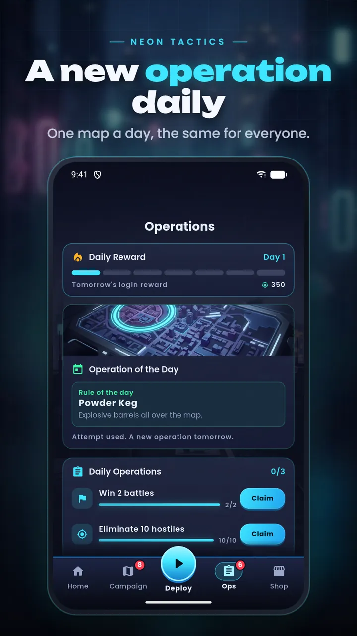 The Operations screen with a daily reward, the Operation of the Day with the rule Powder Keg and three daily operations