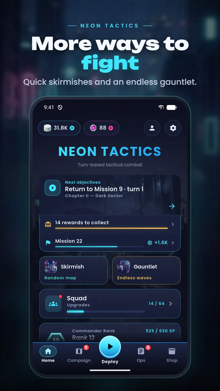 The home screen with the next objectives, Skirmish and Gauntlet modes, squad upgrades and the Commander Rank