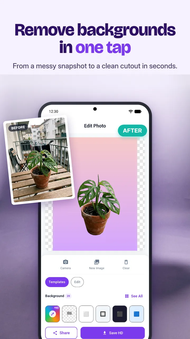 A potted plant cut out of a balcony photo and placed on a pink gradient, with the original shown as a before image