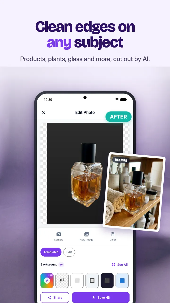 A perfume bottle cut out from a cluttered bathroom shelf onto a dark background