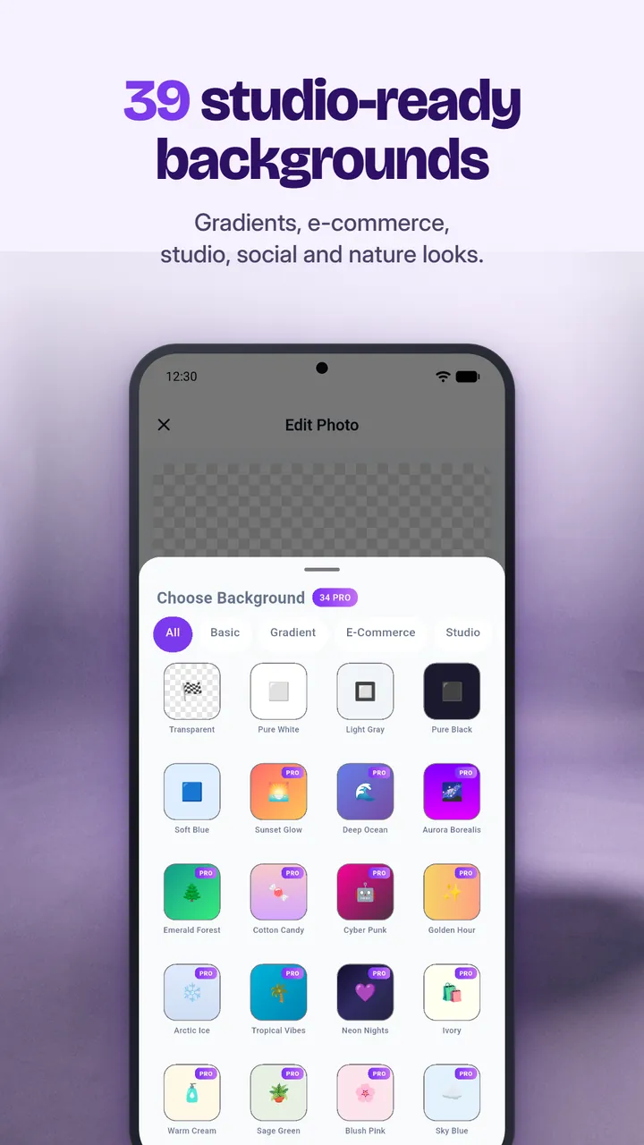 Background picker with templates grouped as Basic, Gradient, E-Commerce and Studio