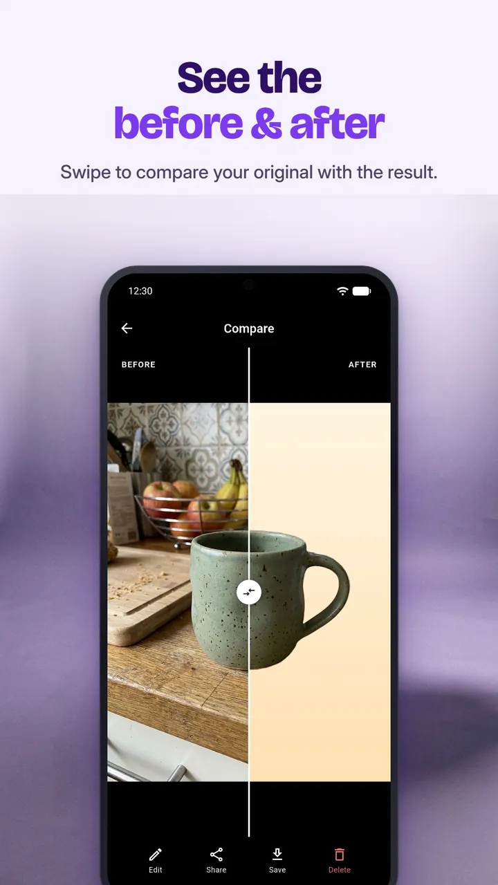 Compare view splitting a photo of a mug into the original kitchen scene and the clean cut-out