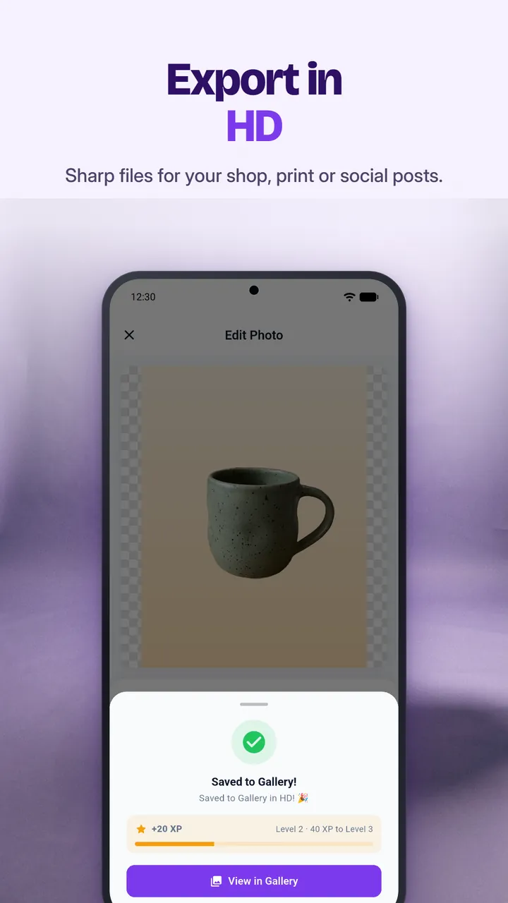 A cut-out mug with a Saved to Gallery in HD confirmation