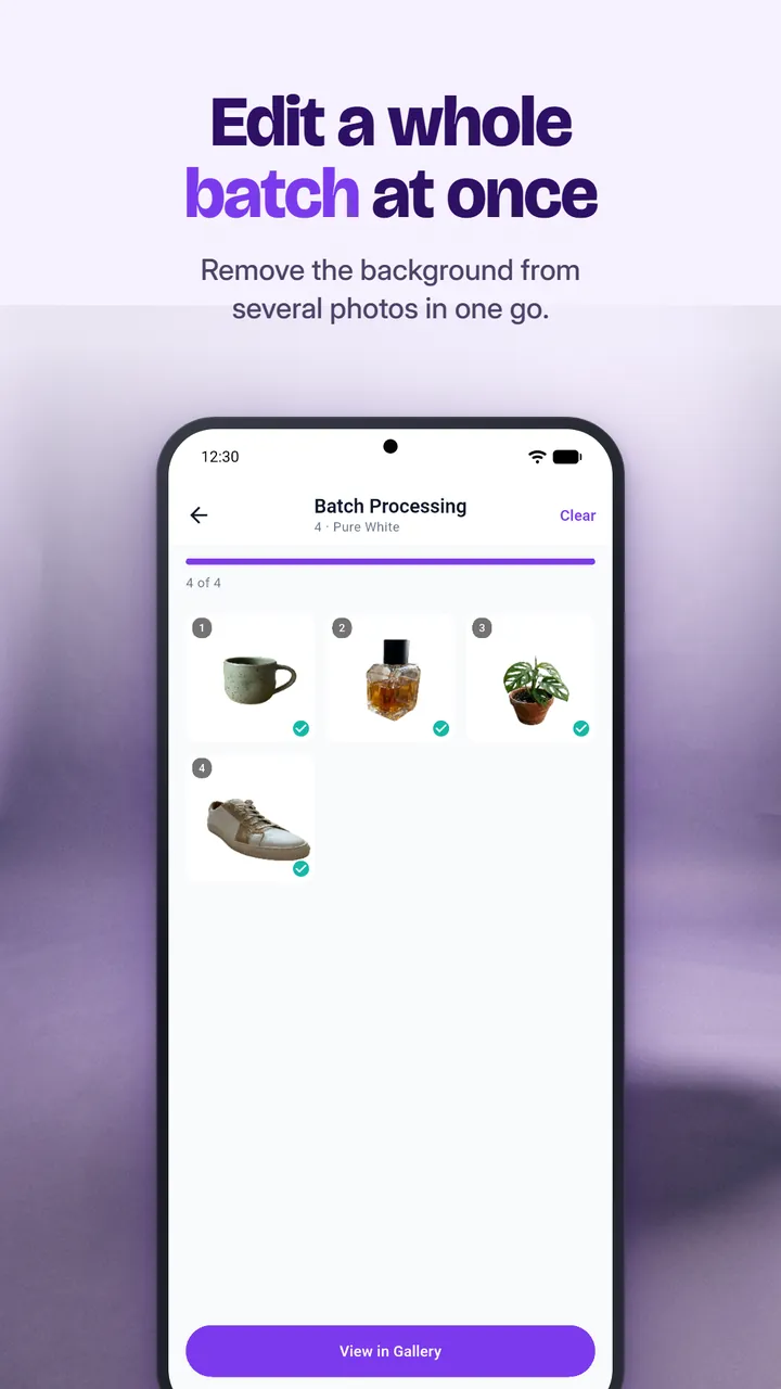 Batch processing screen with four photos, a mug, a perfume bottle, a plant and a shoe, all processed