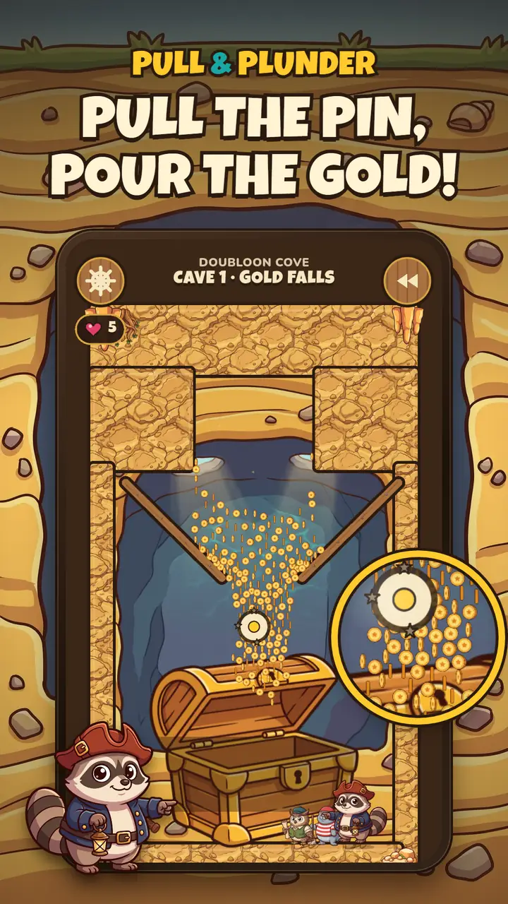 Gold coins pouring down into a treasure chest after a pin is pulled, with Captain Bandit the raccoon watching
