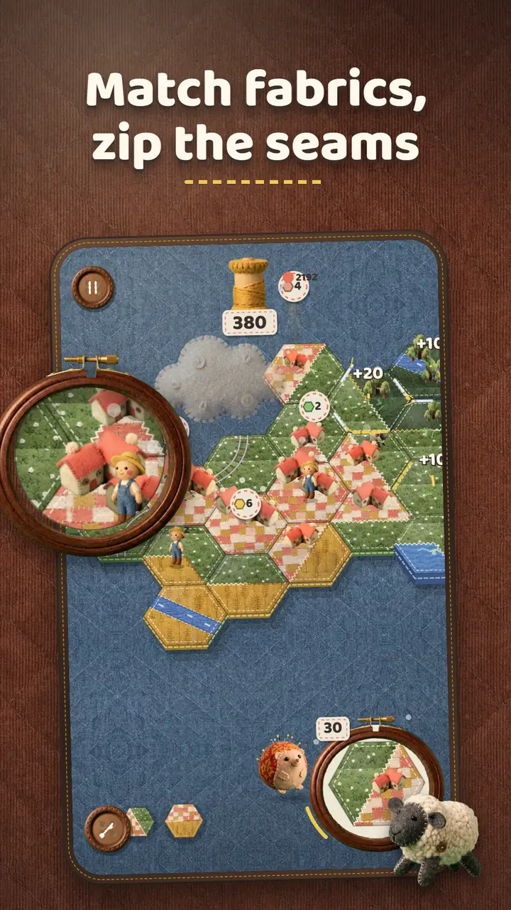 A close-up of matching fabric patches being stitched together, with a sheep beside the board