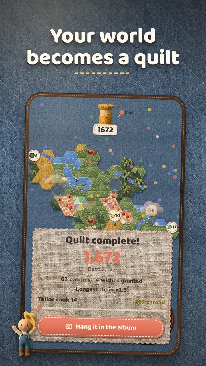 Quilt complete card with a score of 1,672, 62 patches and four wishes granted