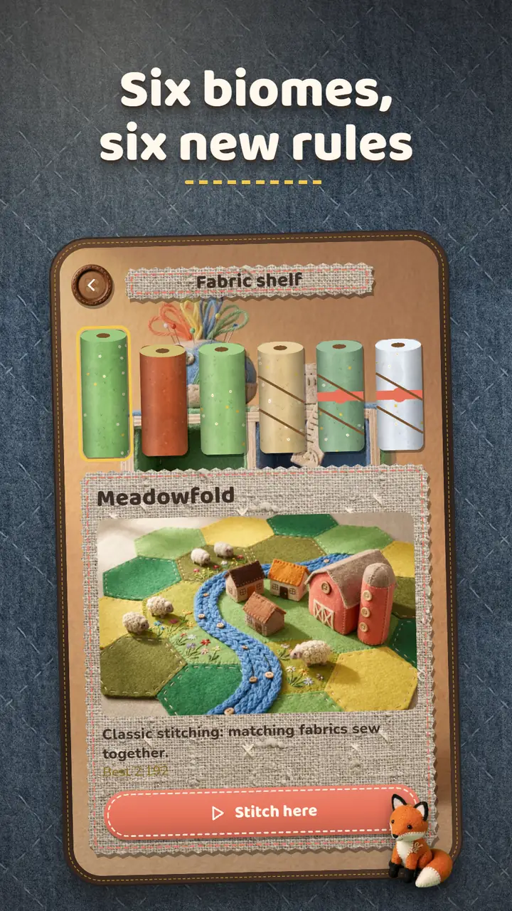 Fabric shelf showing the Meadowfold biome and its stitching rule