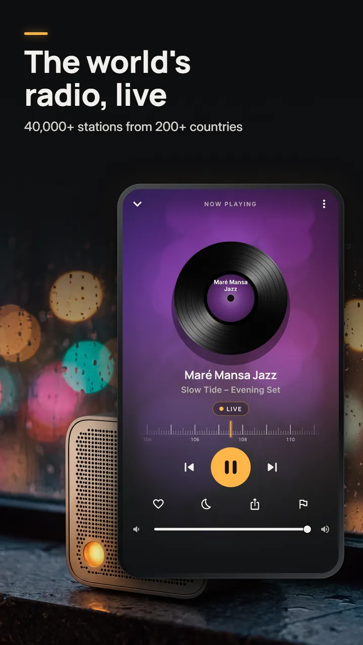 The Now Playing screen with a spinning vinyl record, a live tuner scale and play, sleep timer, share and report buttons