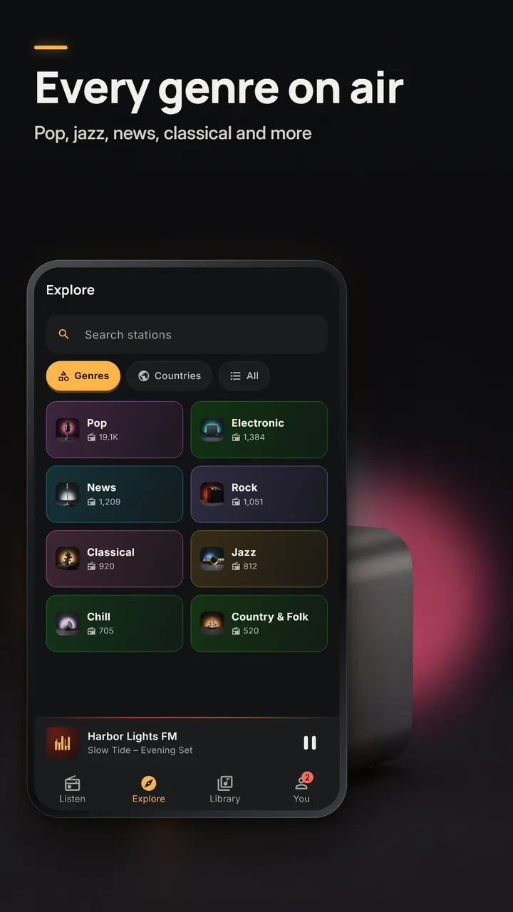 Explore by genre, with tiles for Pop, Electronic, News, Rock, Classical, Jazz, Chill and Country & Folk