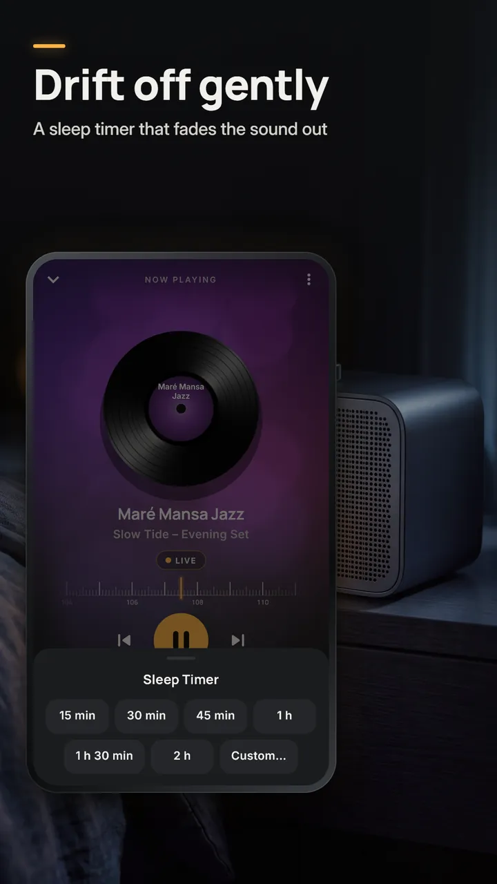 The sleep timer sheet with options from 15 minutes to 2 hours and a custom time