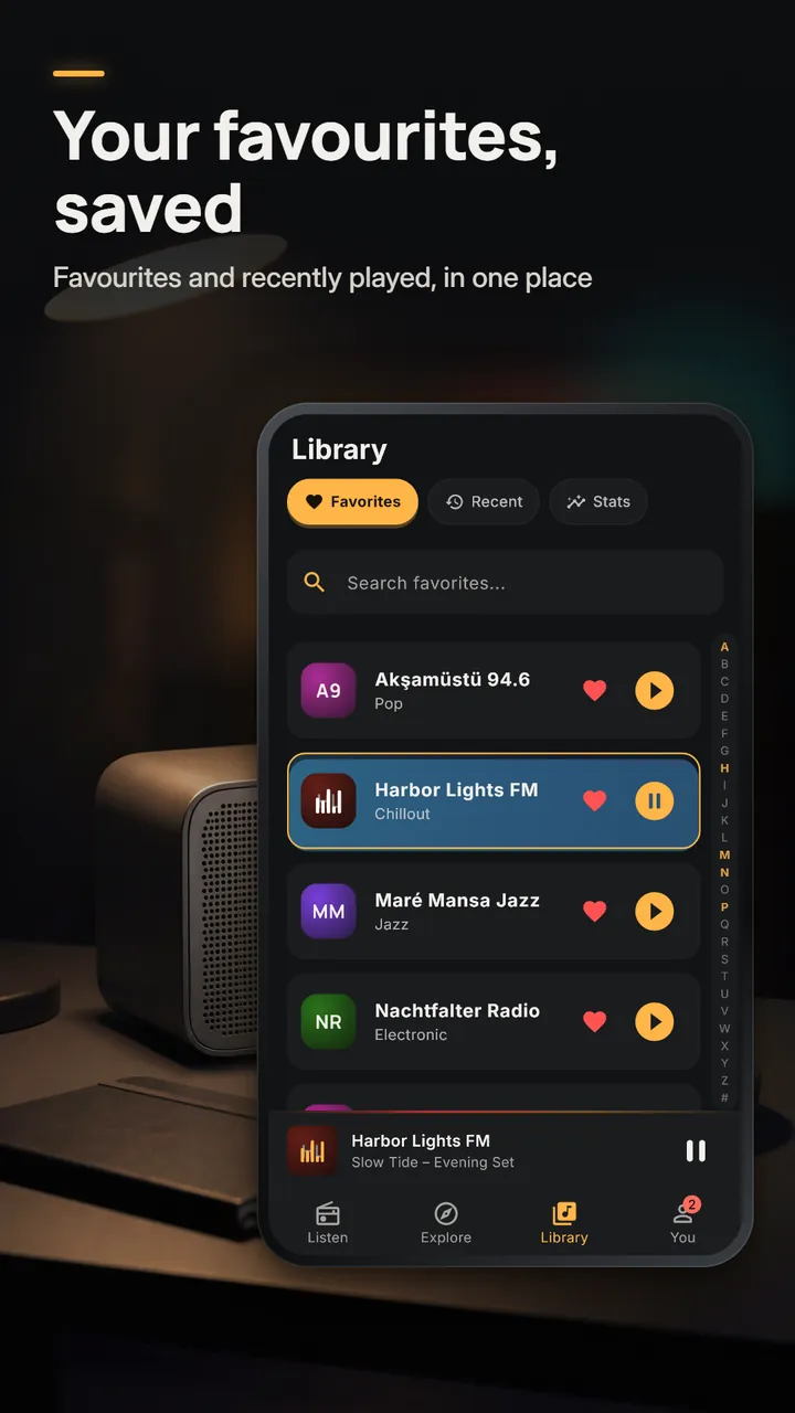 The Library with favourite stations in an A to Z list and tabs for recently played and stats