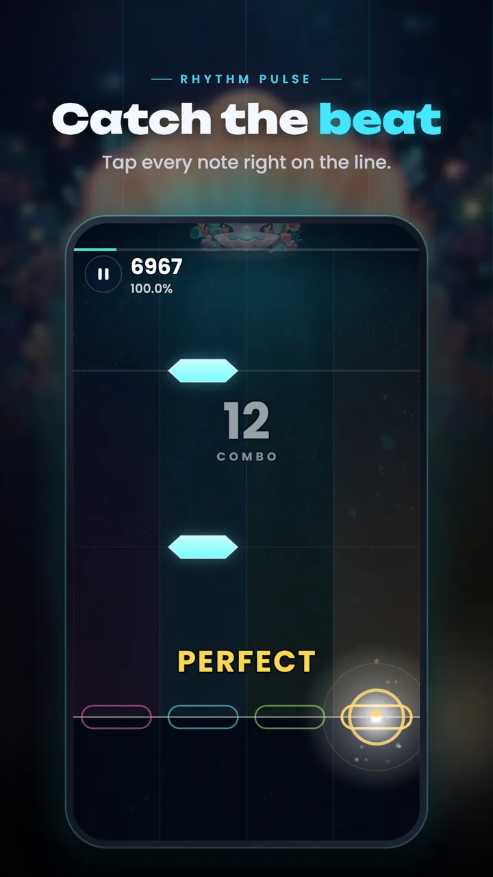 A four-lane play screen with two cyan notes falling, a combo of 12 and a Perfect hit on the right lane