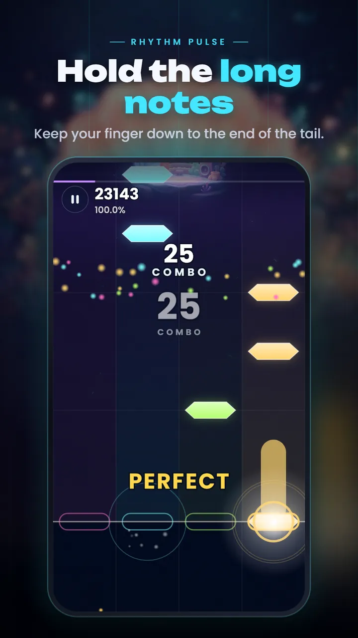 Long notes with tails during play, with a combo of 25 and a Perfect rating as a hold note is pressed