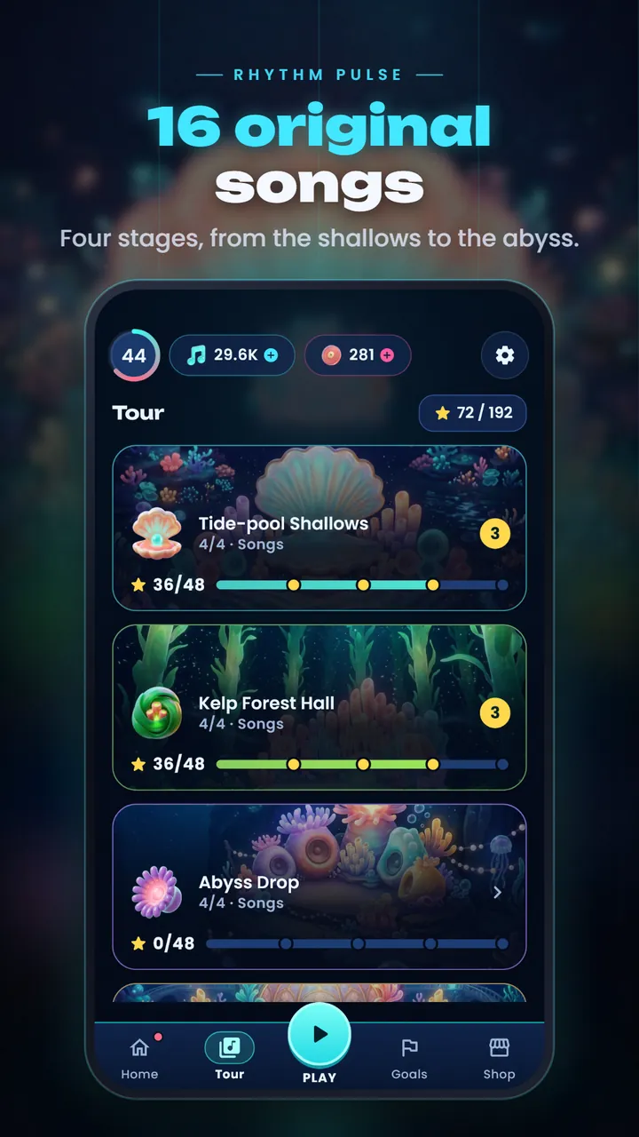 The Tour screen with the stages Tide-pool Shallows, Kelp Forest Hall and Abyss Drop, each with four songs and a star bar
