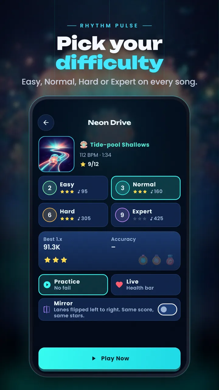 The song Neon Drive with Easy, Normal, Hard and Expert difficulties, Practice and Live modes and a Mirror switch