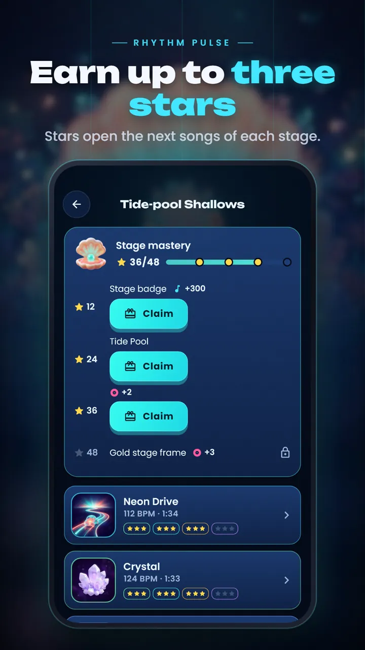 Stage mastery for Tide-pool Shallows with star milestones to claim and the songs Neon Drive and Crystal