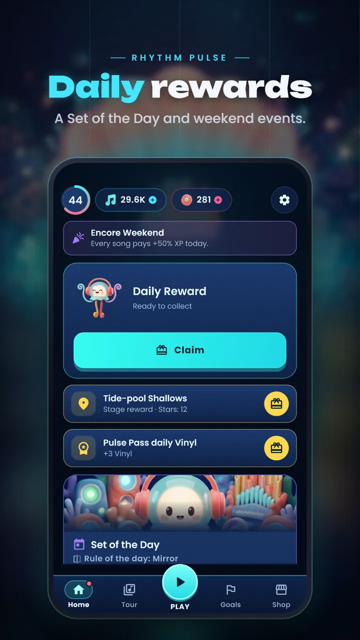 The home screen with an Encore Weekend bonus, a daily reward to claim and the Set of the Day