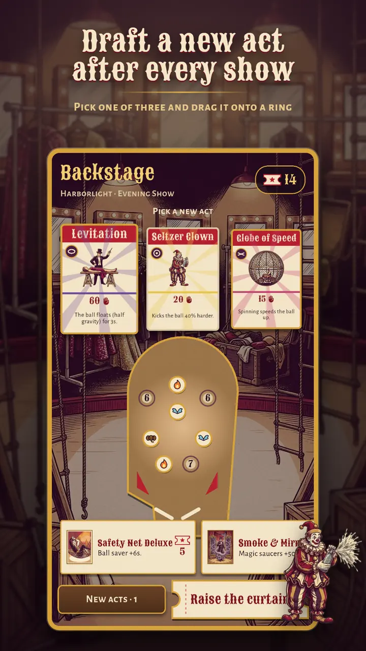 The Backstage screen in Harborlight offering three new acts, Levitation, Seltzer Clown and Globe of Speed, above the table layout
