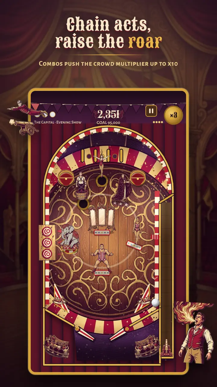 A wooden table in The Capital with a strongman, an elephant and acrobats in play and the crowd multiplier at x8