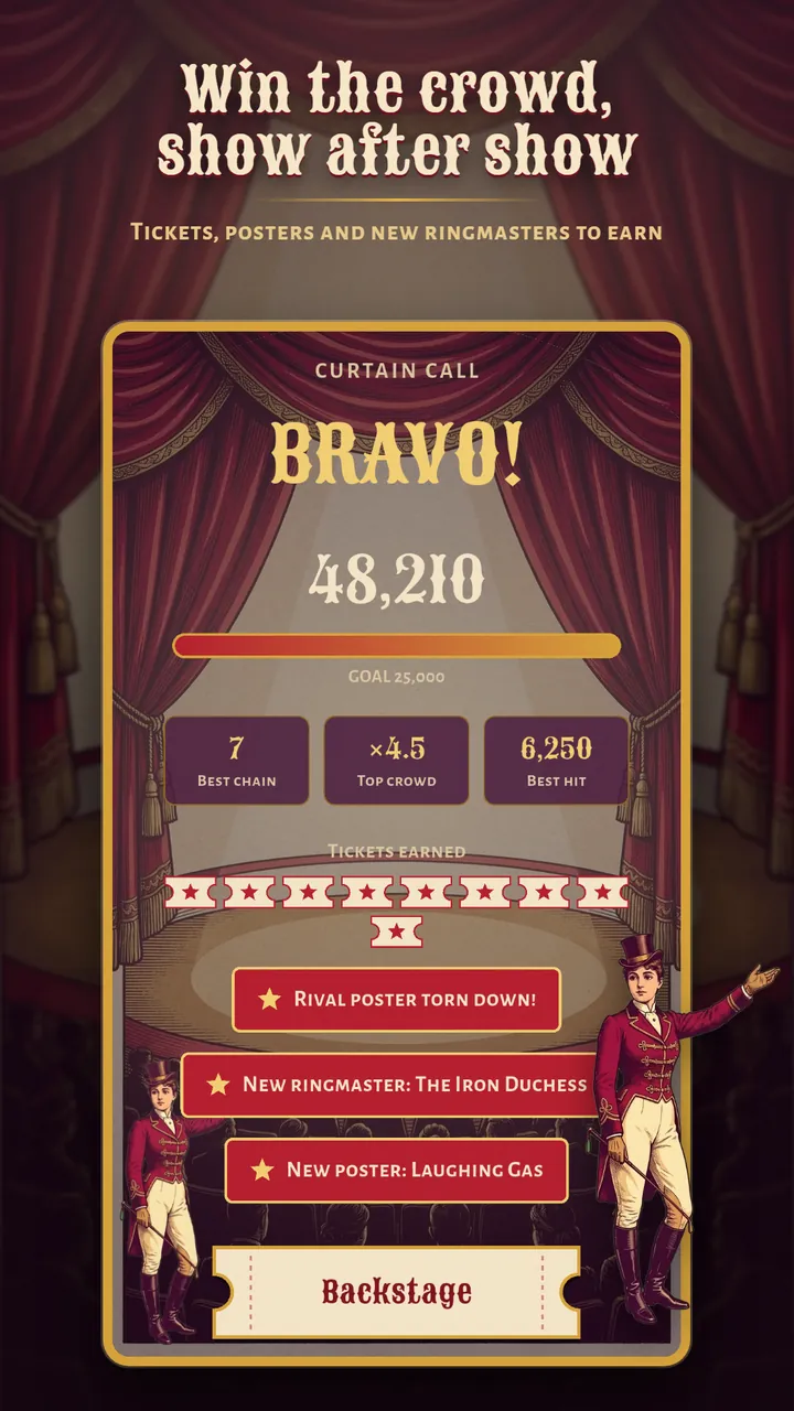 Curtain call screen reading Bravo with 48,210 points, a best chain of 7, a new ringmaster and a new poster earned