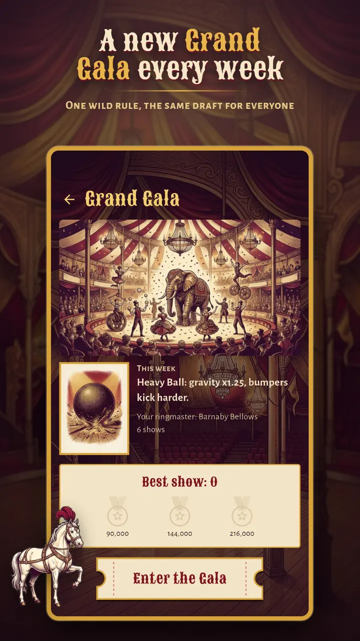 The Grand Gala screen with this week's rule, Heavy Ball, where gravity is stronger and bumpers kick harder