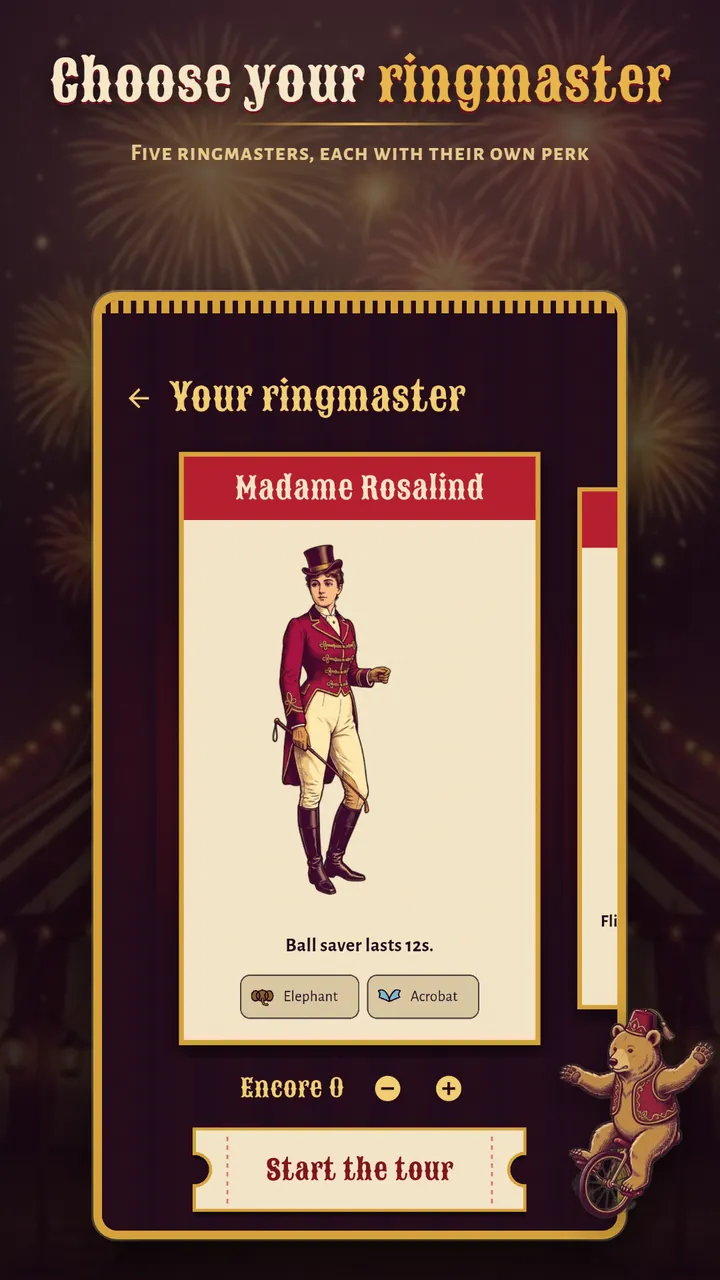 Ringmaster selection showing Madame Rosalind, whose perk makes the ball saver last 12 seconds