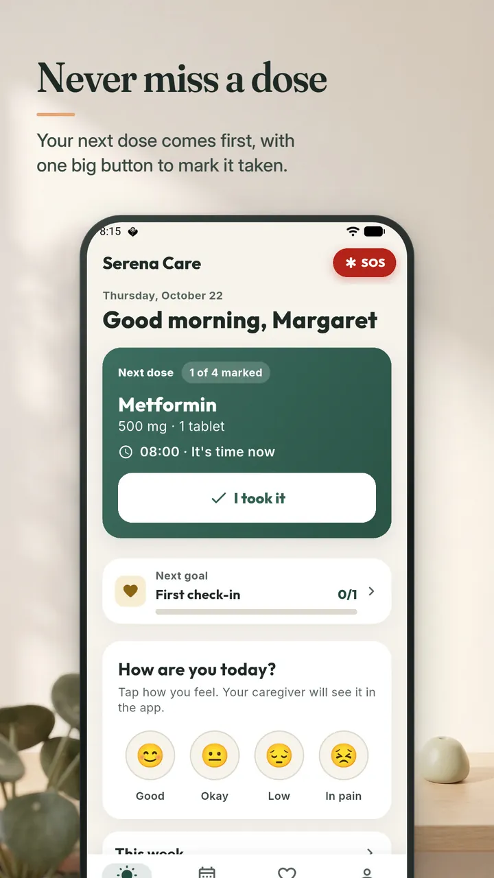 Serena Care home screen greeting Margaret, with the next dose of Metformin at 08:00, a large I took it button and a mood check-in
