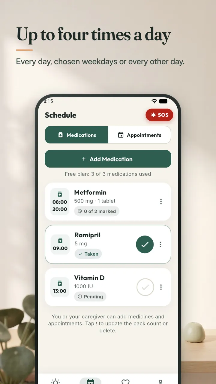 The Schedule screen with Metformin, Ramipril and Vitamin D, their times and their taken or pending status
