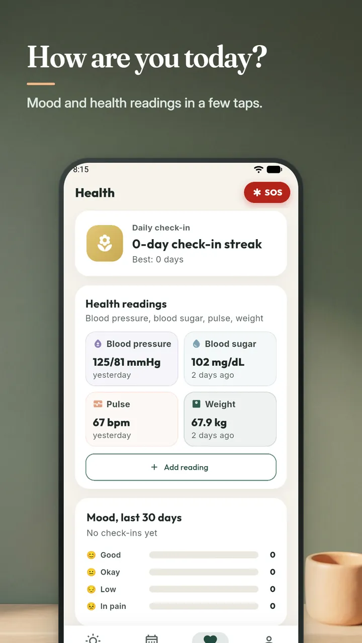 The Health screen with the check-in streak, the latest blood pressure, blood sugar, pulse and weight readings and a 30-day mood summary