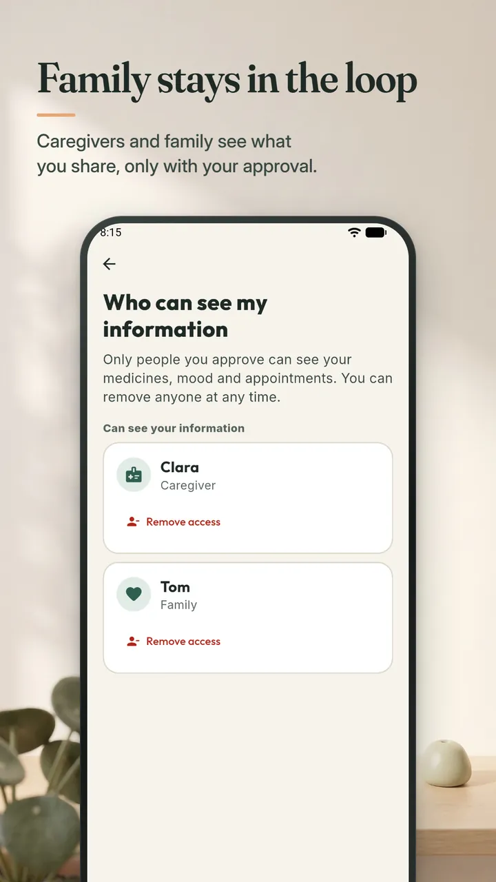 The Who can see my information screen listing a caregiver and a family member, each with a Remove access button
