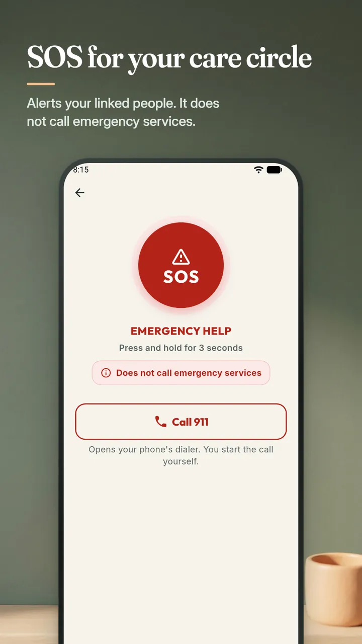 The SOS screen with a large press-and-hold button, a note that it does not call emergency services and a button that opens the phone's dialer