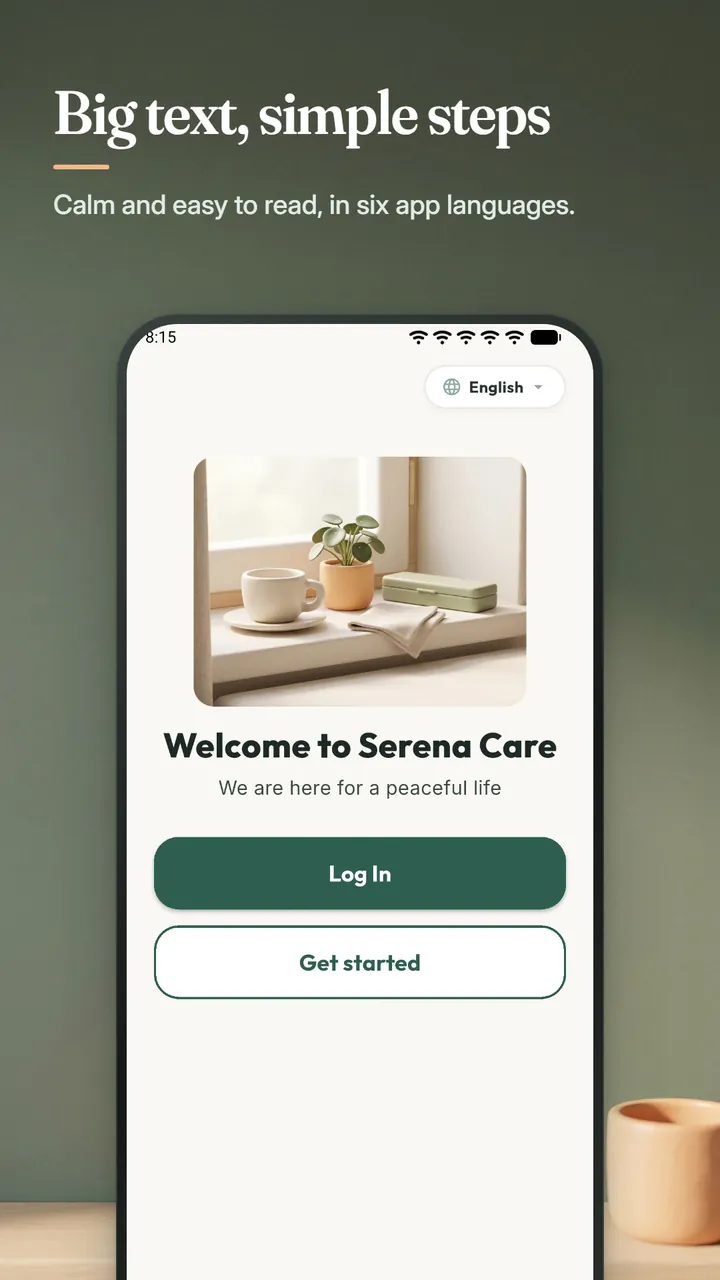 The Welcome to Serena Care screen with a language selector and Log In and Get started buttons