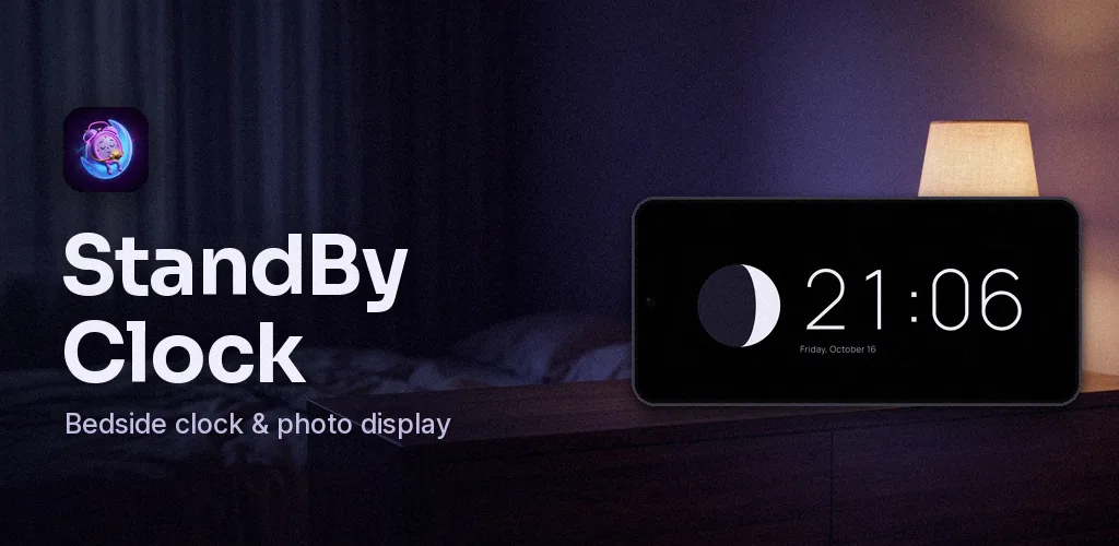 StandBy Clock & Photo Display — Turn a charging phone or tablet into a bedside clock and photo frame
