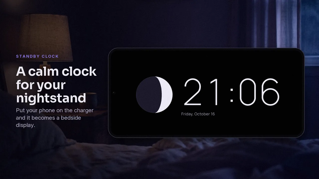A phone on a nightstand in landscape showing a minimal clock reading 21:06 next to a moon icon