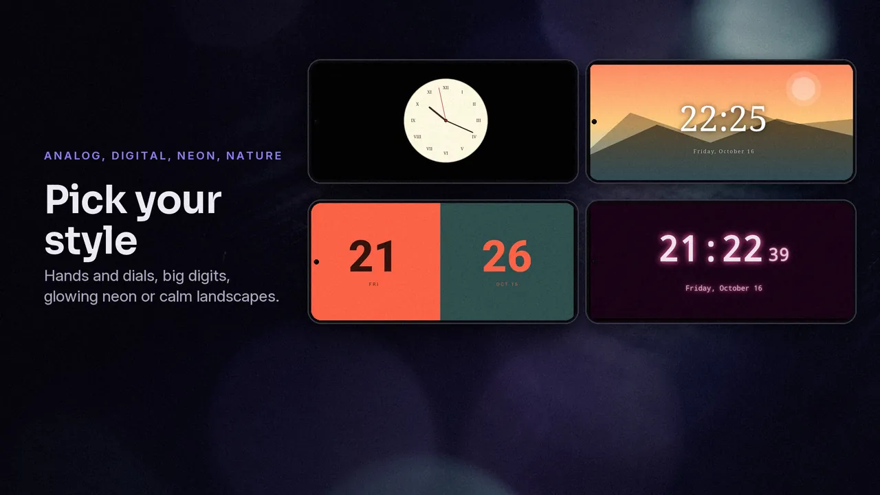 Four clock styles side by side: an analog dial, a landscape scene, a split digital clock and a glowing neon clock