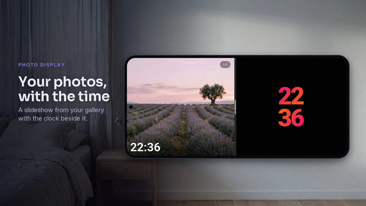 Photo display mode with a lavender field photo next to the time 22:36