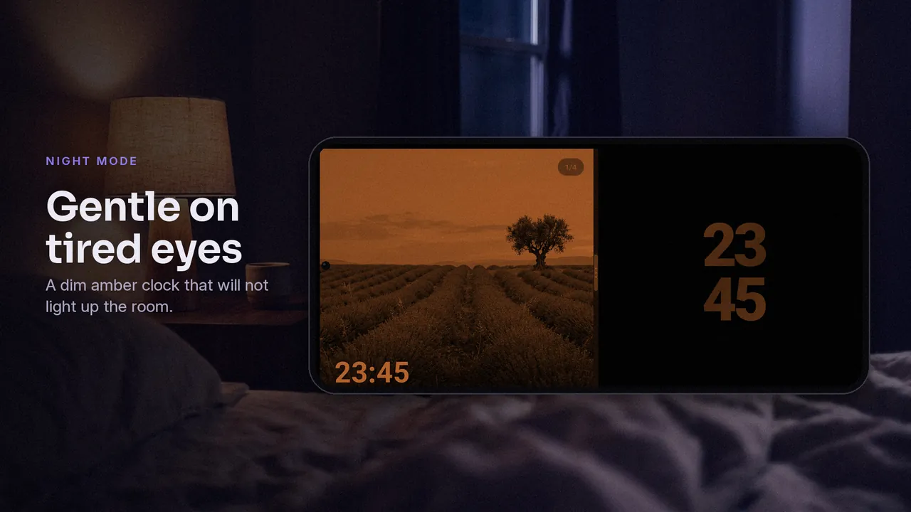 Night mode with a dim amber clock reading 23:45